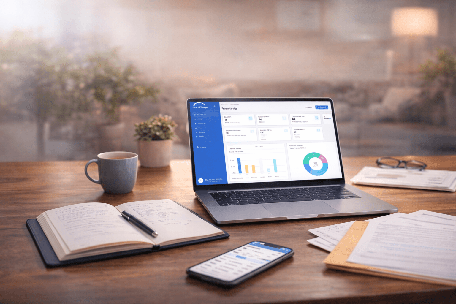 Laptop showing FamilyBridge dashboard on a desk