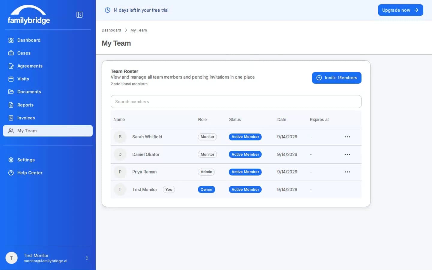 FamilyBridge team roster showing owner, admin and monitor roles