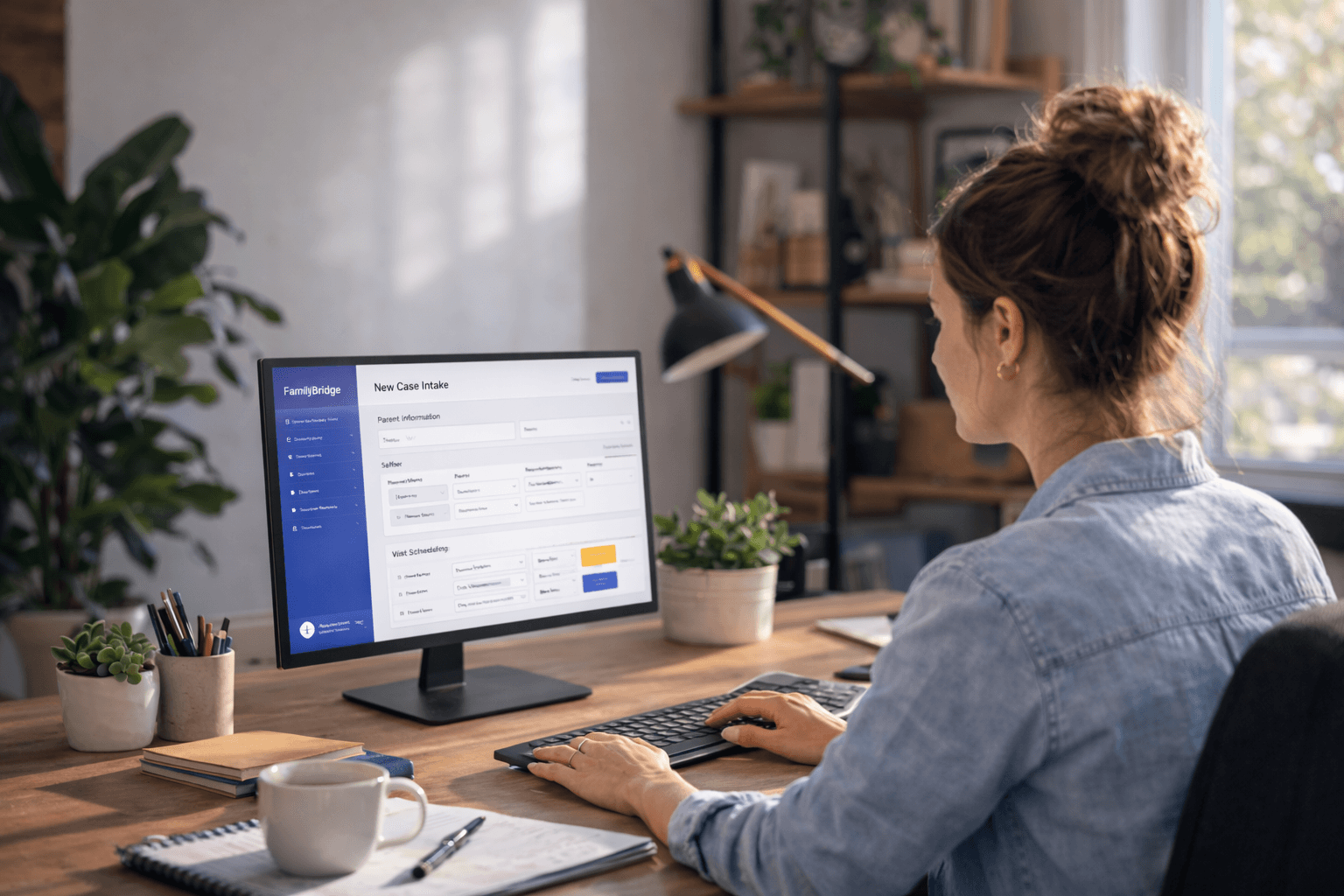 Monitor showing FamilyBridge case intake form